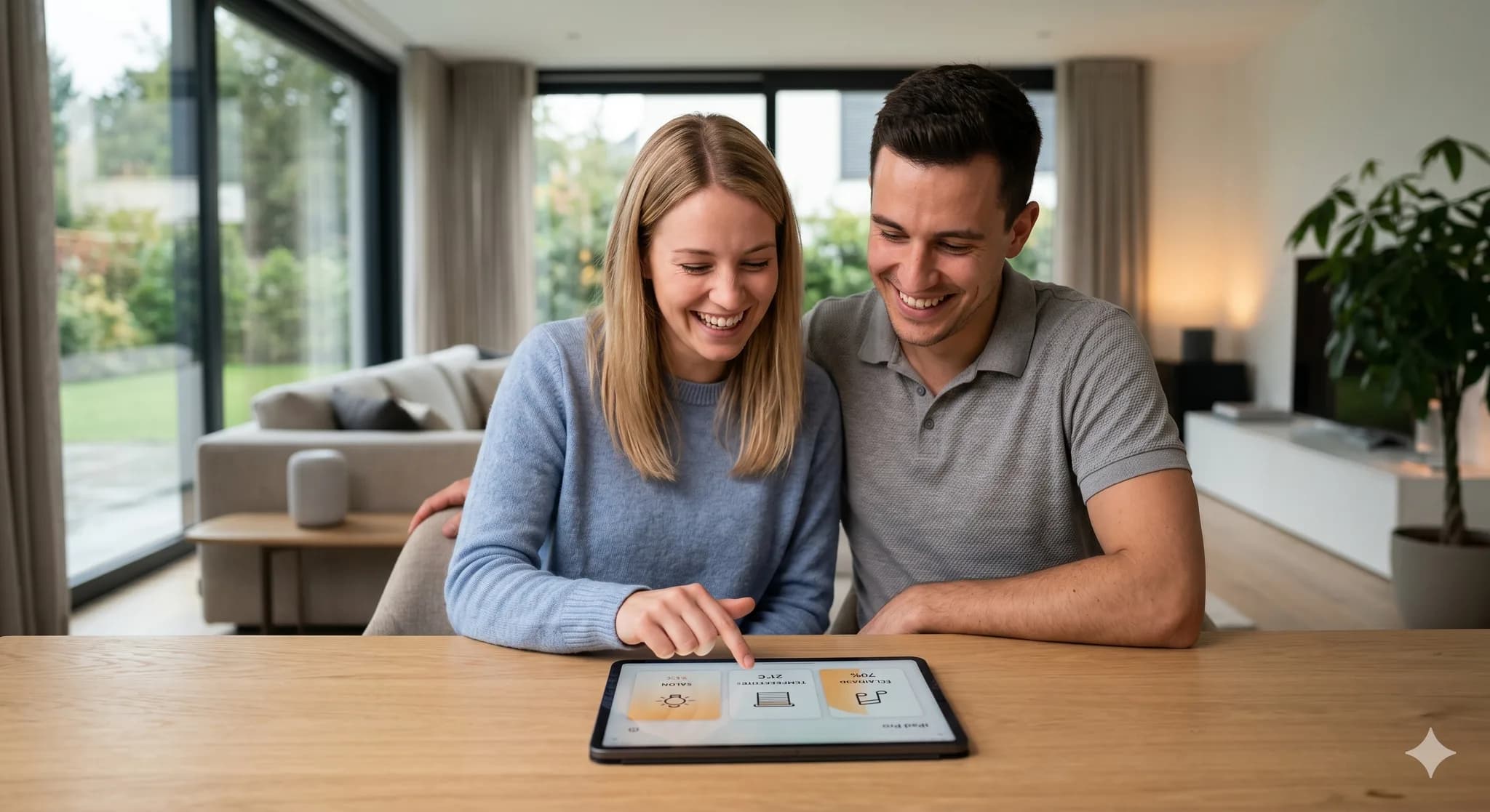 Un couple souriant utilise une tablette pour piloter l'éclairage, la température et les volets de leur salon.